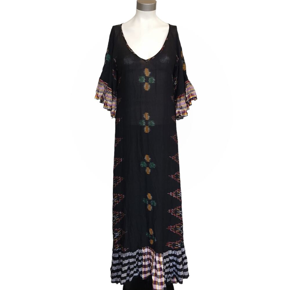ERIKA PENA Mya Maxi ruffle festive southwestern dress black Ikat plaid S / M NEW